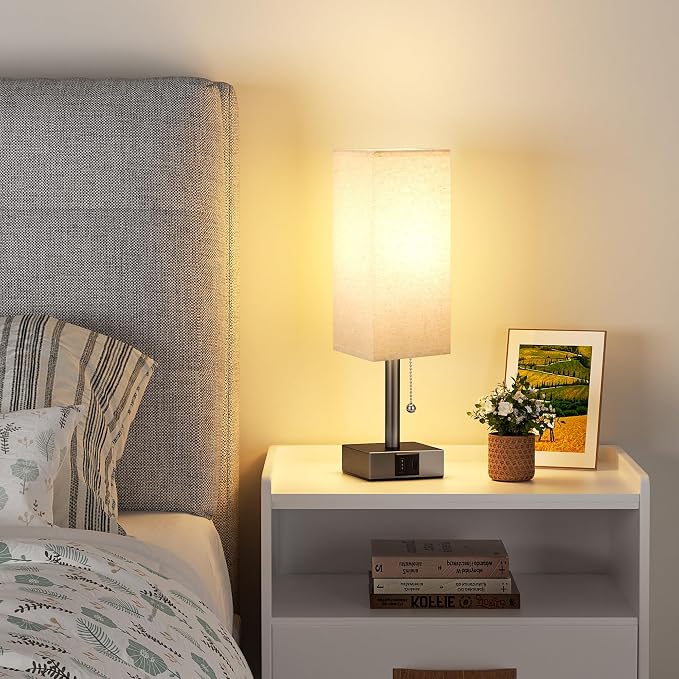 Brown Bedside Table Lamp for Bedroom - Desk Lamp For Nightstand, USB C+A | Pull Chain Lamp, 3 Color Modes(3000K/4000K/5000K), E26 LED Bulb Included, Square Brown Fabric Lampshade, for Read, Work, Dorm