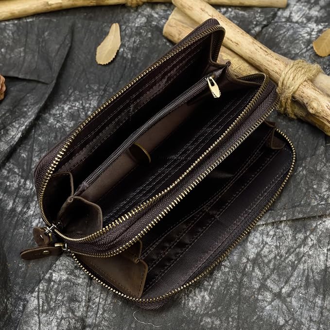 Genuine Leather Long Wallet for Men, Large Capacity Purse Clutch Bag Handbag Checkbook Cash Credit Cards Phone Holder | Large Capacity