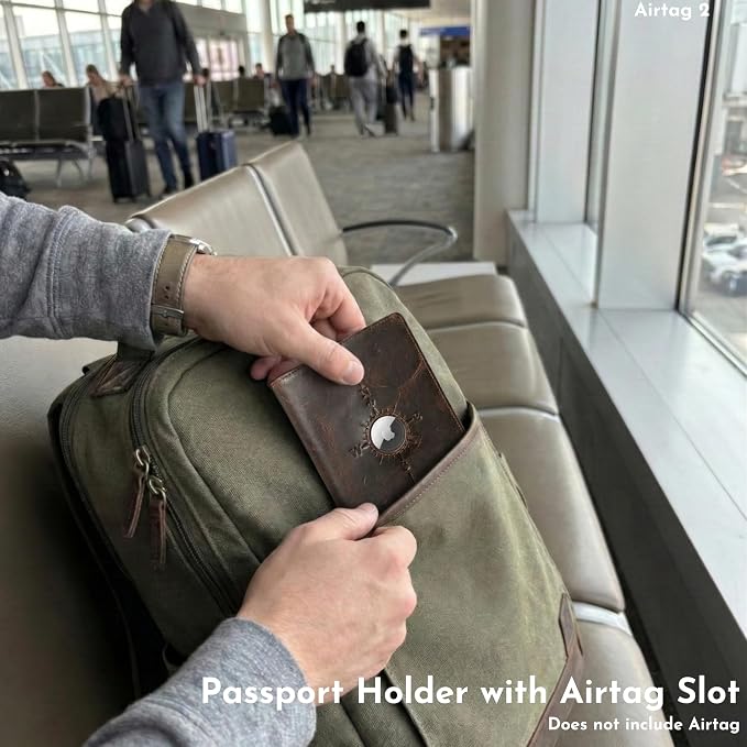 SETTINI® Leather RFID Passport Holder Wallet with AirTag Slot for Travel | hidden AirTag slot, RFID blocking, leather, passport + card slots, travel gift