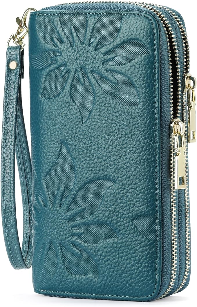 GOIACII Women's Wallet Large Capacity Double Zip Ladies Card Phone Holder RFID Blocking Wristlet Leather