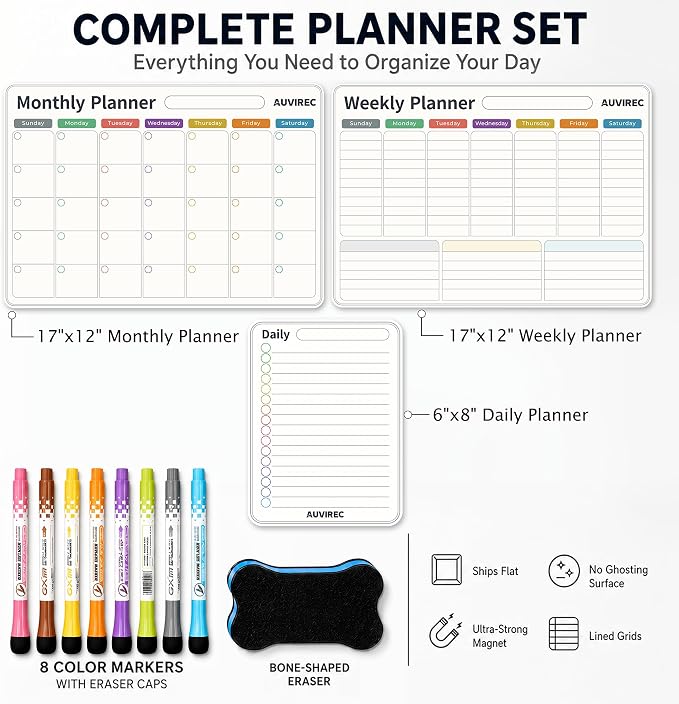 Magnetic Calendar for Refrigerator, Fridge Calendar 3-Pack | Monthly Weekly Daily Dry Erase Calendar Planner Set with Nano-Tech Surface, 17"x12" Magnetic Whiteboard, 8 Markers & Eraser