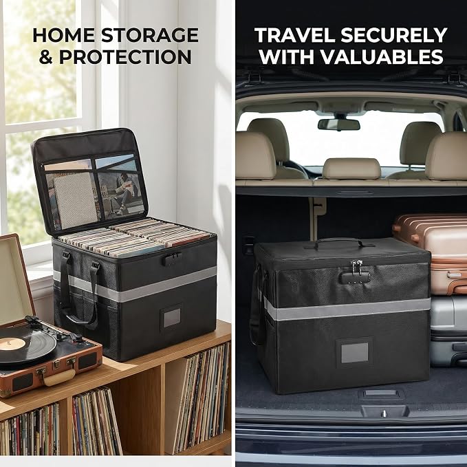 Calenzana Vinyl Record Storage Box with Lock, Fireproof Water Resistant Record Organizer for 150+ Single Records 12-inch, Collapsible Crate Box for Valuable Album, 16.7'' x 13.2'' x 13.4''