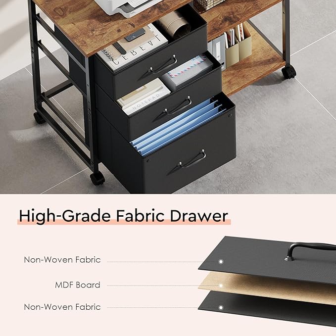 Maihail 3 Drawer File Cabinet with Wheels Rolling Printer Stand with Open Storage Shelf Fabric Lateral Filing Cabinet for Home Office,Rustic Brown