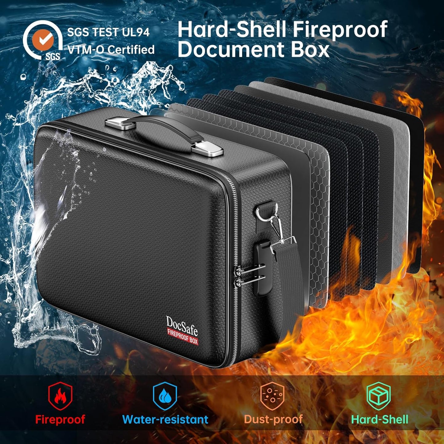 DocSafe Fireproof Document Box with Lock, Hard Case File Organizer with Accordion File Folder, Fireproof Water Resistant Safe Box Home Office Travel Storage for Important Documents Laptop Black
