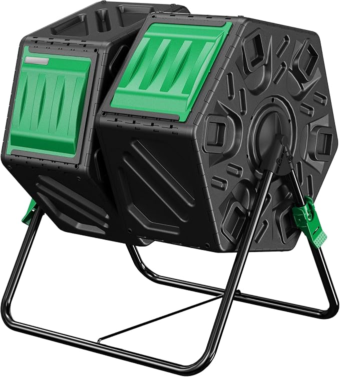 Compost Bin, 37-Gal Dual Chamber Composter Tumbler, Black Green | Steel Frame with 2 Sliding Door and Aeration System, 360° Rotating, Tumbling Composting Bin for Kitchen, Garden, Yard