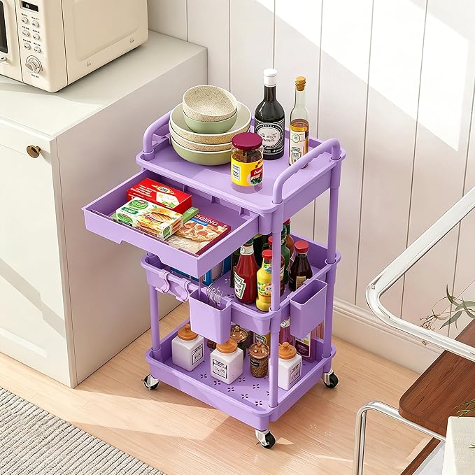 REBECAT 3 Tier Rolling Cart with Drawer, Utility Storage Cart on Wheels for Kitchen, Bathroom, Living Room,Office(Purple)