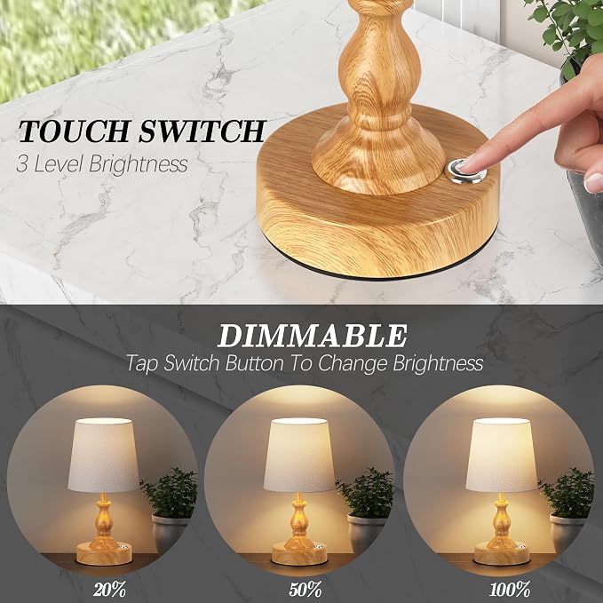 Mini Cordless LED Table Lamp, 5200mAh Rechargeable Battery Operated Lamp, 3-Level Brightness, Touch Dimmable Desk Lamp, Bedside Night Light for Patio Camping Restaurant Home, Wood Grain