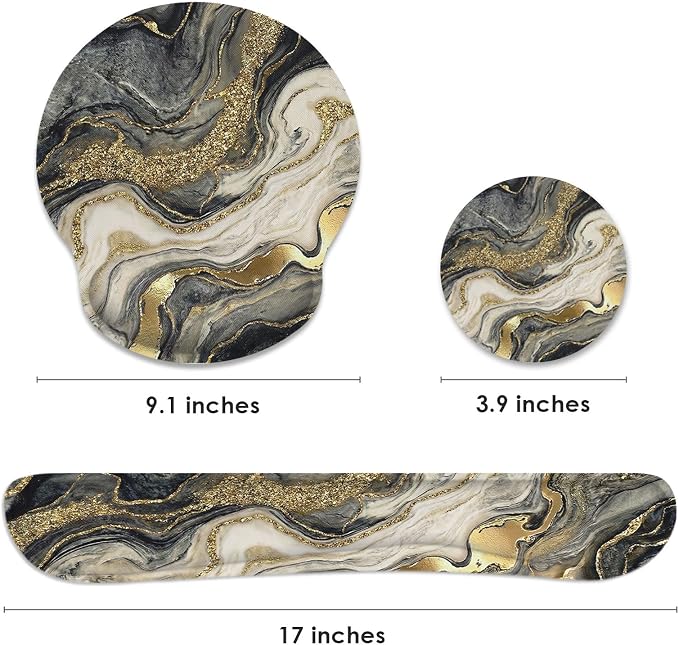 Ergonomic Mouse Pad Set with Wrist Rest, Black Gold Marble | Abstract Non-Slip Rubber Base Wrist Cushion Support and Coasters Mousepad with Wrist Support for Computer Keyboard