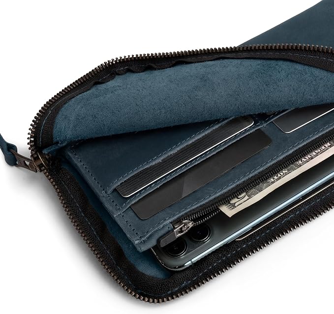 Hide & Drink, Leather Long Zippered Wallet, Holds Up to 8 Cards Plus Coins And Flat Bills, Phone Holder, Cash Organizer, Travel Essentials, Handmade, Slate Blue