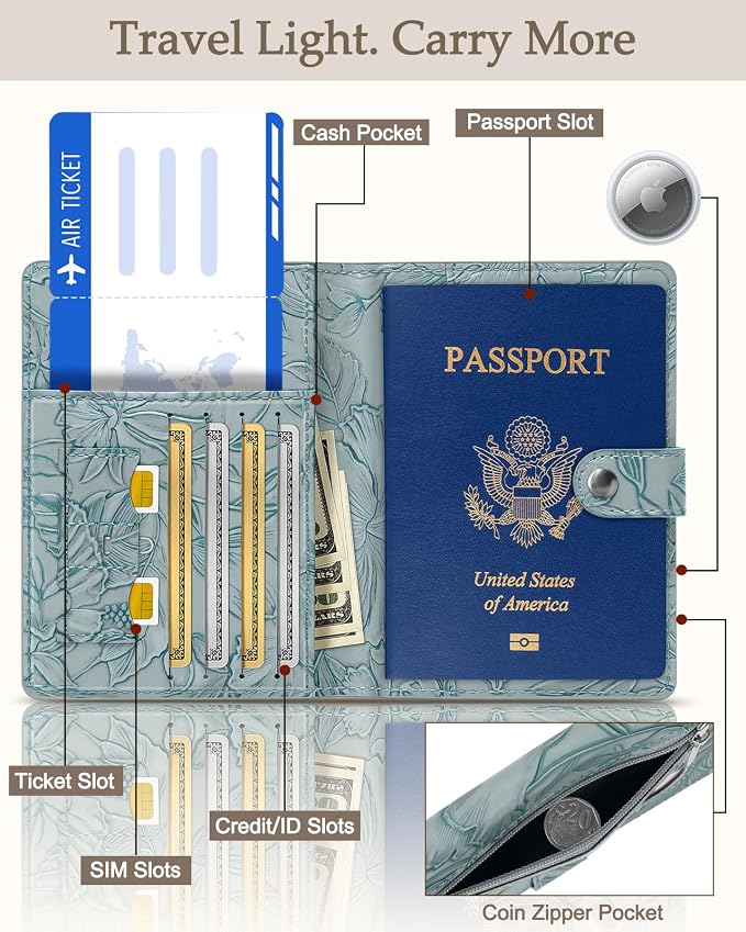 Slohif Elegant RFID Passport Holder for Travel with AirTag Dusty Blue | Floral Embossed Passport Wallet for Women, Slim Vegan Leather Travel Organizer with Money Pocket and Card Slots