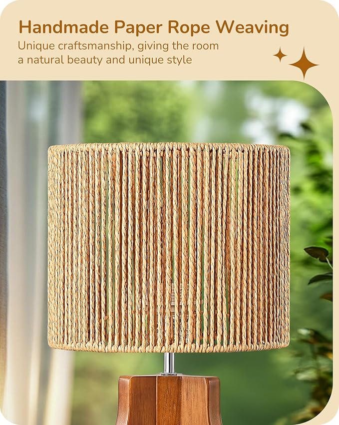 EDISHINE Small Table Lamp, Rose Wood Base, Handwoven Paper Rope Shade, E26 | Tripod Base Nightstand Lamp, On-Off Line Switch, 14.6" Rattan Bedside Lamp for Bedroom Living Room, Office