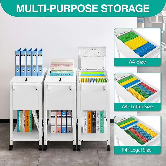 Rolling File Cart with Wheels Hanging Files,Rolling File Cabinet Organizer,Rolling Hanging File Folder Cart on Wheels,Metal Filing Cart,Fit A4/F4/Letter/Legal File for Home Office (White)