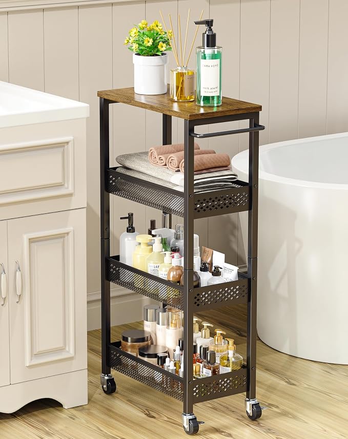 OKZEST 4-Tier Slim Rolling Storage Cart for Bathroom, Laundry Room, Kitchen | Upgraded metal hub casters, Narrow utility cart for small space/gaps, Premium wood top & metal mesh shelf, with handle & hook