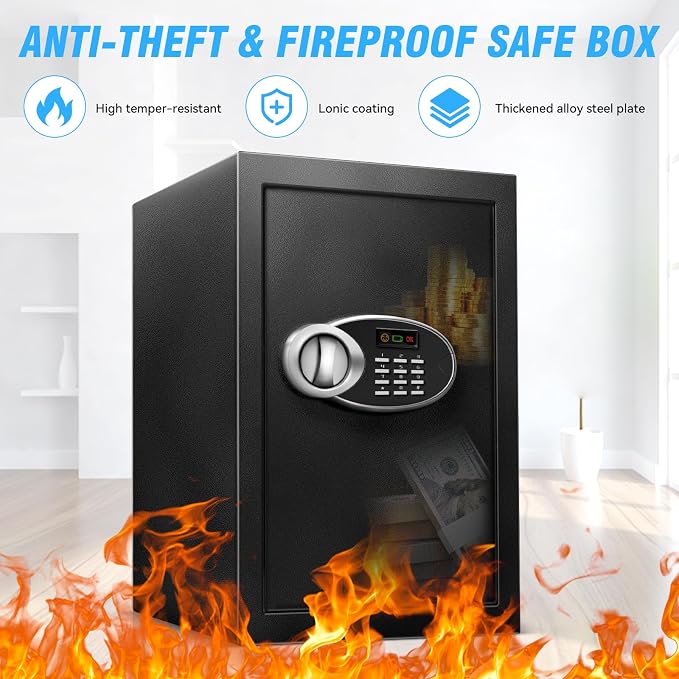 16.54" Tall Large Fire proof Safe Box with Fireproof Waterproof Bag | Steel Security Personal Fire Safe, Digital Keypad, Emergency Battery Box, Combination Lock, Safety Box For Home Office