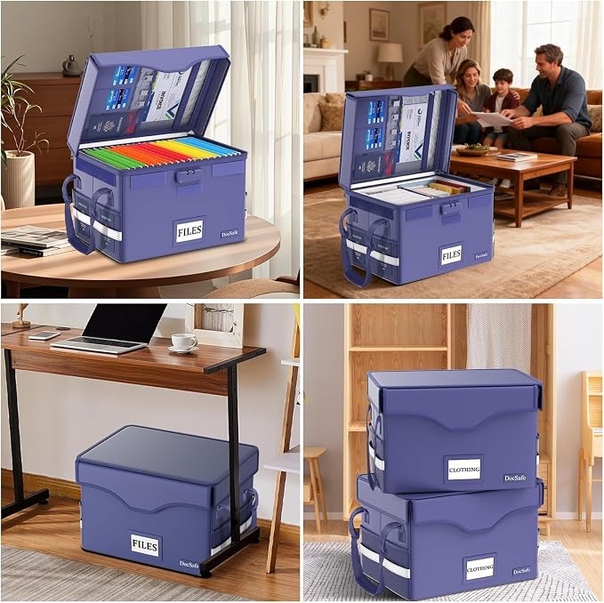 DocSafe 5200°F Fireproof Document Box with Lock,Heat Insulated File Organizer Storage with Pockets,Collapsible Portable Home Office File Safe Box with Handle for Hanging Letter/Legal Folders, Blue