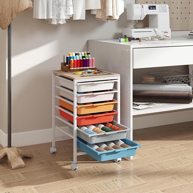 Giantex Rolling Storage Cart with 6 Drawers, Utility Cart w/Wooden Tabletop, Lockable Wheels, Multipurpose Organizer for Art Craft Scrapbooks Paper, Drawer Carts for Dorm Classroom Office, Macaron