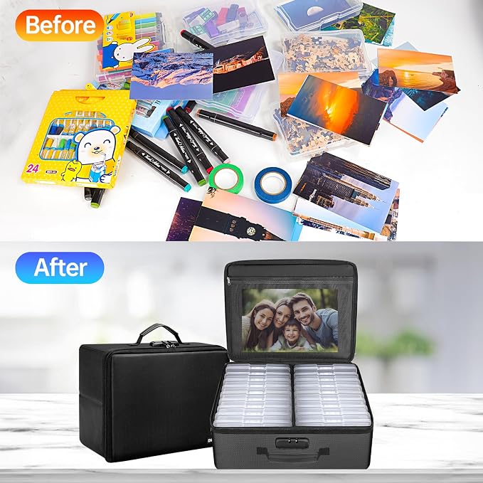 ENGPOW Photo Storage Box with 18 Inner 4" x 6" Photo Case(Clear), Fireproof Photo Organizer with Lock, Collapsible Portable Acid-Free Photo Keeper Craft Storage with Handles for Home, Office, travel