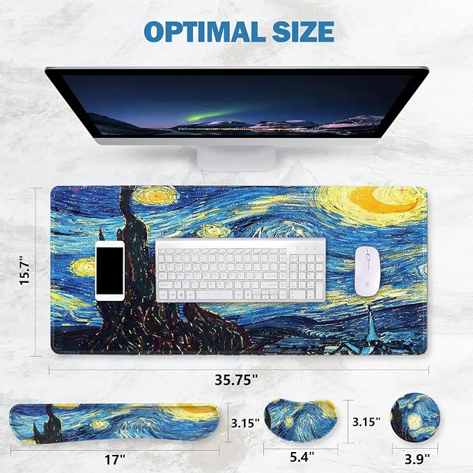 ToLuLu Large Mouse Pad, Memory Foam Keyboard Mouse Wrist Rest Support Set | Ergonomic Desk Mat with Stitched Edges, Gaming Extended Non-Slip Base Mousepad for Home Office, Van Gogh Starry Night