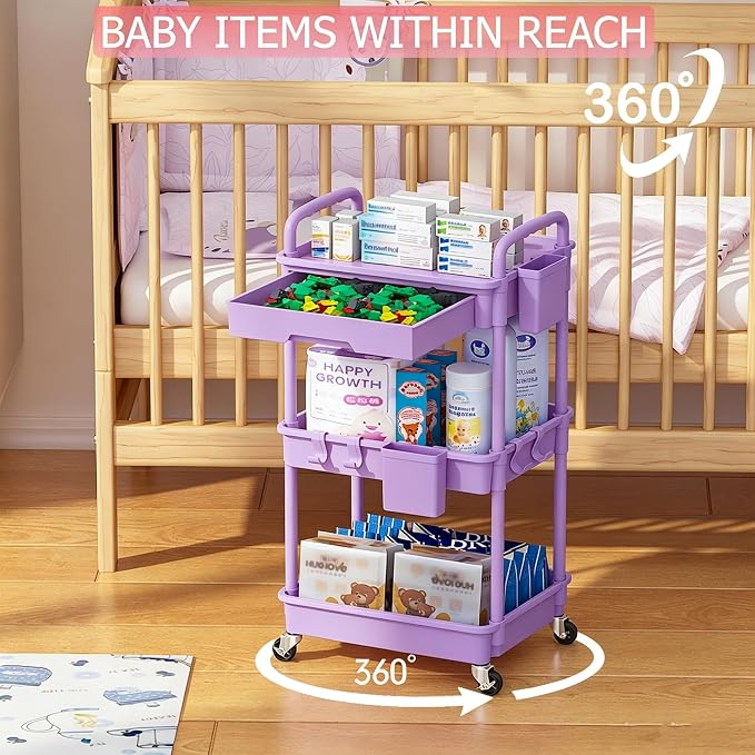 REBECAT 3 Tier Rolling Cart with Drawer, Utility Storage Cart on Wheels for Kitchen, Bathroom, Living Room,Office(Purple)