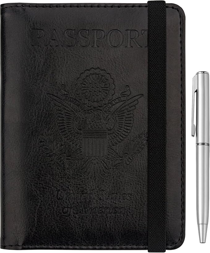 WALNEW Passport Holder for Travel, RFID Passport Wallet, Travel Essentials | PU Leather Passport Cover Case with Pen Holder, Travel Must Haves Accessories, Passport Book Holder for Women Men