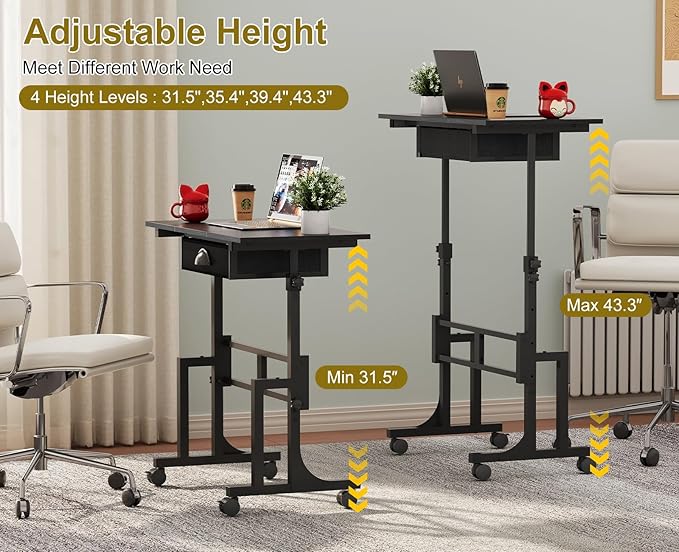 Adjustable Height Standing Desk With Drawer, Rolling Sit Stand Up Desk With Wheels, Small Sit To Stand Computer Desk, Adjustable Desktop Height, On Wheels, Black, For Walking Pad Laptop Treadmill
