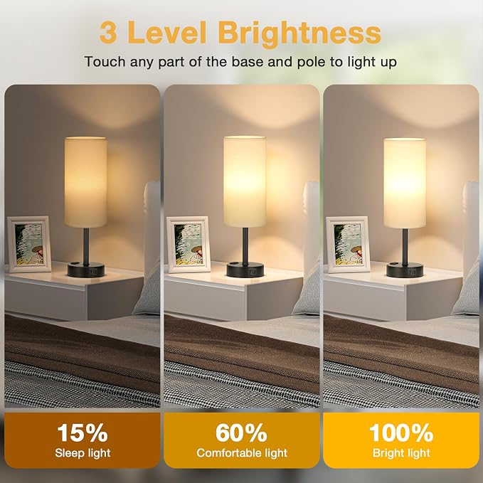 Touch Bedside Table Lamps Set of 2 - Bedroom Lamp with USB A+C, AC Outlet | 3-Way Dimmable, LED Bulb Included, White Fabric Lampshade, Matte Black Metal Base & Pole, 14" Small Nightstand Lamp for Desk