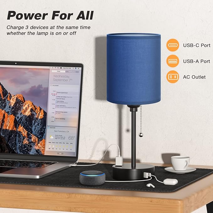 Small Bedside Table Lamp for Bedroom - Desk Lamp with USB Ports for Dorm | USB A+C Ports, AC Outlet, 3 Color Temperatures, LED Bulb Included, Navy Blue Shade, Matte Black Base, 14" Night Stand Lamp