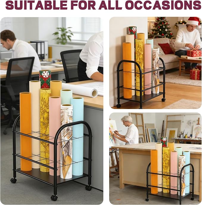 Blueprint Storage Holder with Wheels – 12-Slot Metal Roll File Rack with Silent Casters & Brakes for Blueprints, Wrapping Paper, Posters, Maps – Mobile File Cart for Office & Home (Black)