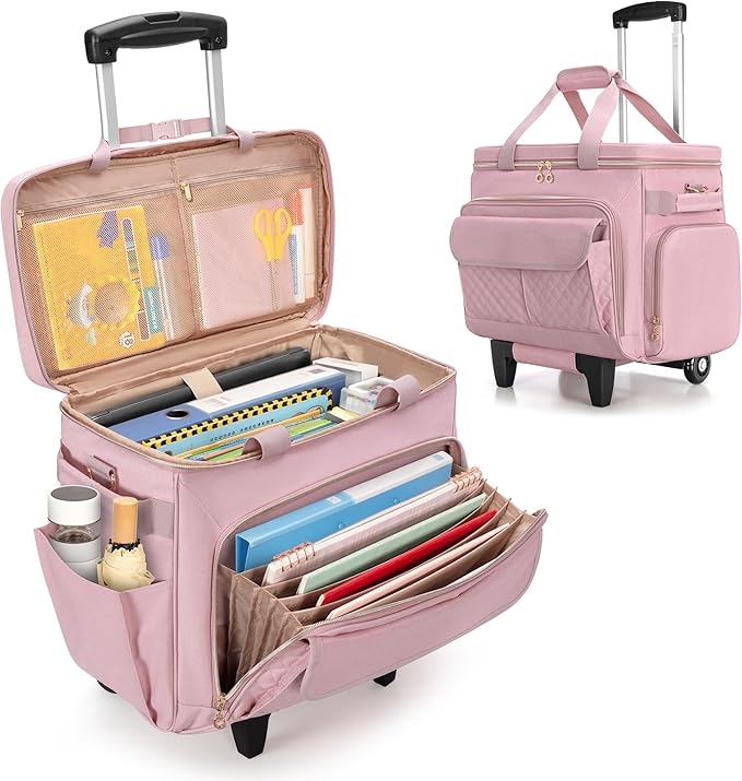 LUXJA Rolling Teacher Bag with Wheels and 15.6" Laptop Compartment, Pink | Rolling Briefcase for Women with Accordion File Area, Teacher Tote Bag for Work with Detachable Dolly and Shoulder Strap