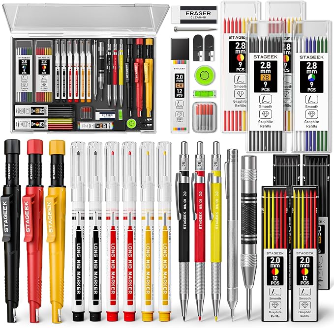STAGEEK 36 Pack Carpenter Pencils Set With 102 Refills | Construction Pencil, Deep Hole Long-Nib Marker Pens, Automatic Center Punch and Carbide Scribe Tool for Woodworking with Case