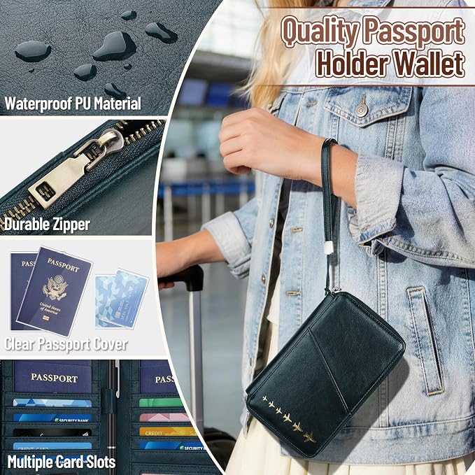 Family Passport Holder for 4 Travel RFID Blocking Passport Holder | With Clear Passport Cover, Anti-Theft, PU Material, Travel Document Organizer, Black