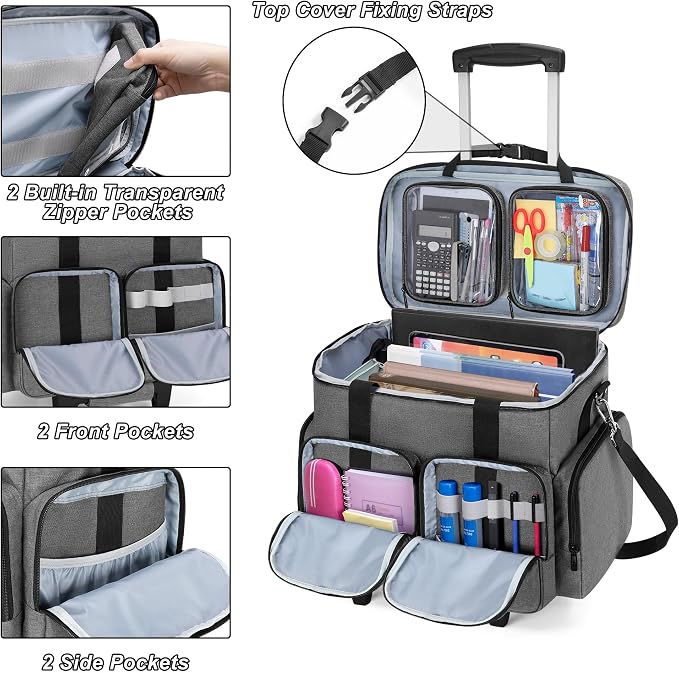 Rolling Teacher Tote Bag with 2 Detachable Pouches for Work, Gray | Wheeled Teacher Uility Bag with 15.6" Padded Laptop Sleeve, Large Briefcase with Detachable Trolley for Women