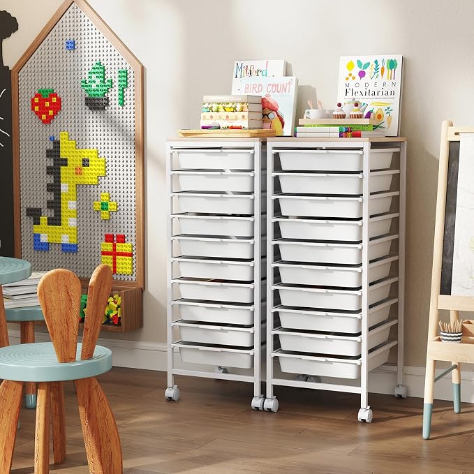 Giantex Rolling Storage Cart with 10 Drawers, Utility Cart w/Wooden Tabletop, Lockable Wheels, Multipurpose Organizer for Art Craft Books Paper, Drawer Carts for Dorm Classroom Office, White