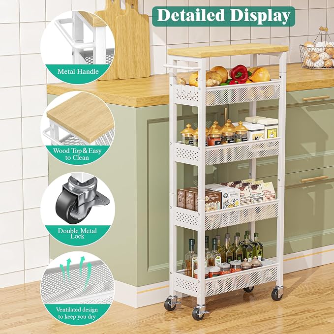 Slim Storage Cart 5 Tier Narrow Kitchen Rolling Cart on Wheels for Small Space, Metal Utility Cart Narrow Bathroom Storage Cabinet Mobile Shelf Unit Organizer with Wood Top and Handle, White
