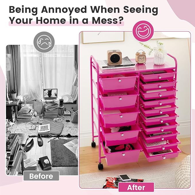 COSTWAY 15 Drawer Rolling Storage Cart, Mobile Storage Organizer | Removable Drawers & Metal Frame, Multipurpose Utility Tools Paper Organizer on Wheels for Home, Office (Hot Pink)