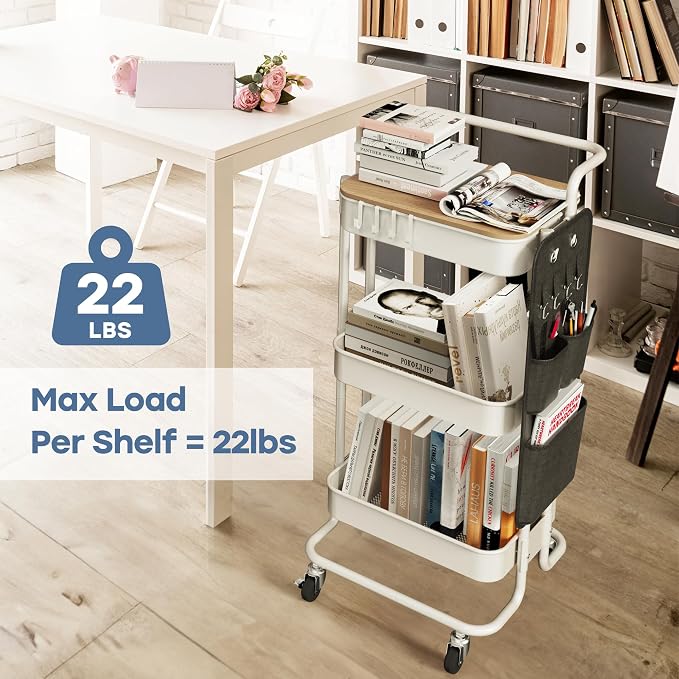 DTK 3-Tier Rolling Cart with Table Top, Metal Utility Cart with Side Bags | Tray Storage Organizer, Lockable Wheels, 4 Hooks, Art Cart for Kitchen, Bathroom, Office, Craft room, Living room, White