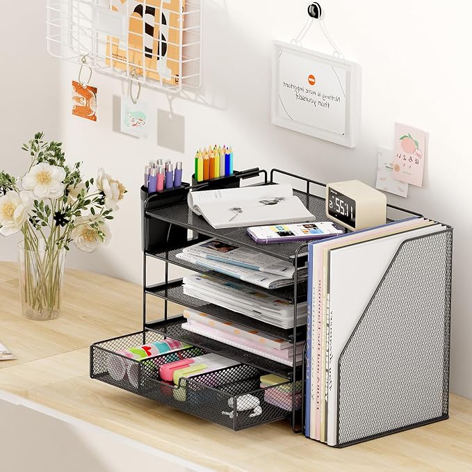 Desk Organizer, 5-Tier Desktop File Organizer with Drawer and Pen Holders, Office Desk Accessories, File Sorters, Workspace Organizers for Office Supplies(Black)