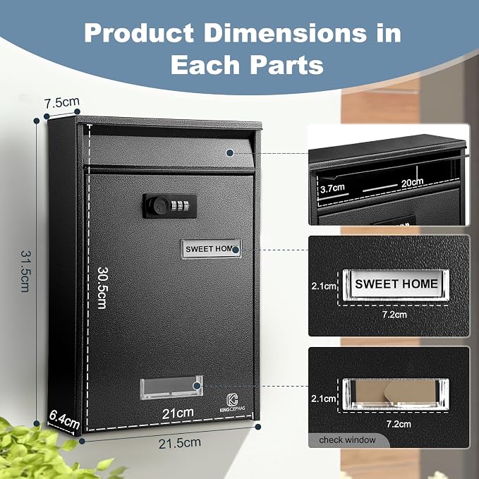 KINGCEPHAS Wall-Mounted Mailbox with Combination Lock,Small Capacity Mail Box for House, Waterproof Postbox,Mailboxes for Outside, 8.5” x 3” x 12.4” (Black)