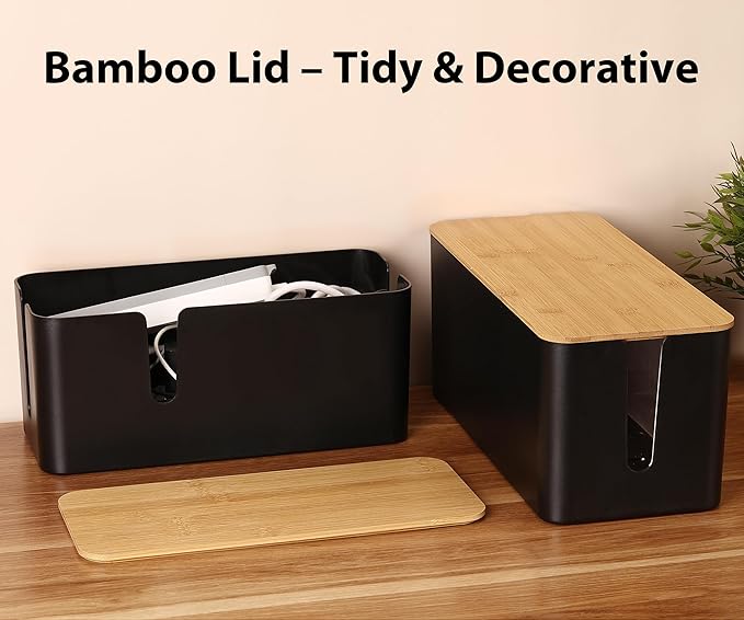 ZhiYo Large Cable Management Box, Thick ABS Power Strip Organizer, Black | Extra-Tall Design for Oversized Adapters, Natural Bamboo Lid, Fits Power Strips Up to 12.5" Long, Ideal for Desks, TV Areas