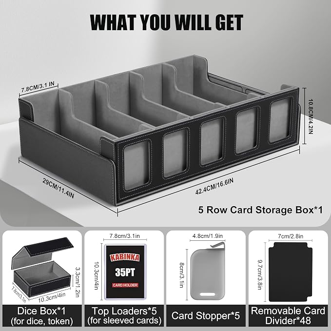 Kabinka Trading Card Storage Box with Commander Display, 5-Row Deck Case with Removable Lid; 3900+ Card Organizer for MTG TCG PTCG Sports Card, Top Loaders Storage Box (Black)