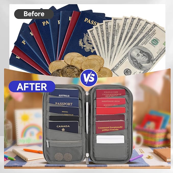 WALNEW Passport Holder Travel Family for 10, RFID Blocking Passport Wallet | Travel Documents Organizer with Zipper, for Cards, Cash, Boarding Passes, Tickets, International Travel Essentials