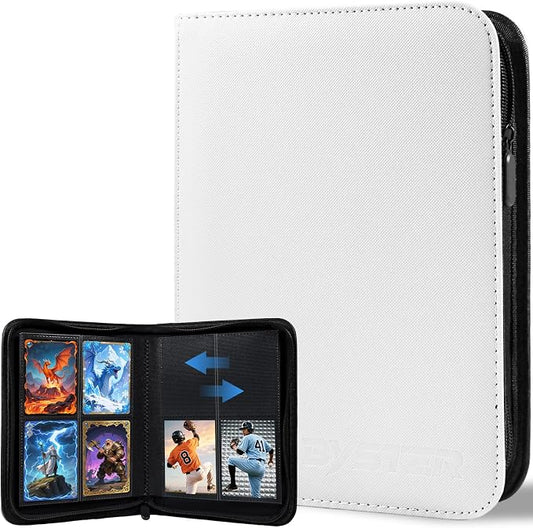 BYSTER 4 Pocket Card Binder, Premium PU Trading Card Binder with Zipper, 160 Capacity Side-Loading Binder for TCG, MTG, Sports Cards, Game Cards, White
