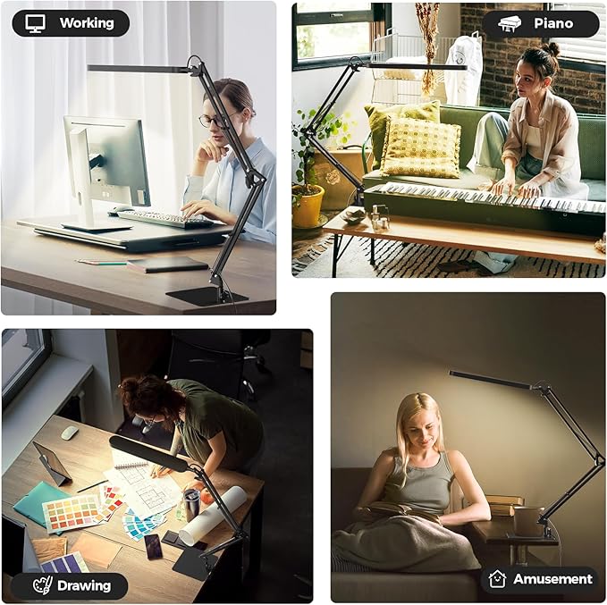 LED Desk Lamp with Slim Base - Adjustable Swing Arm Desk Light, Dimmable, Timer, Eye Protection, Memory Function, 1300LM, 12W, Black