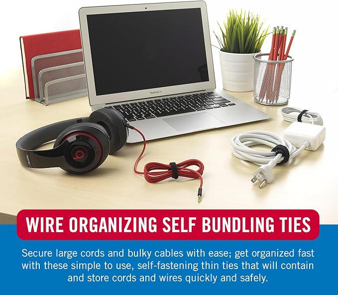 VELCRO Brand ONE-WRAP Cable Ties, 100Pk, 8 x 1/2" Black Cord Organization Straps, Thin Pre-Cut Design, Wire Management for Organizing Home, Office and Data Centers