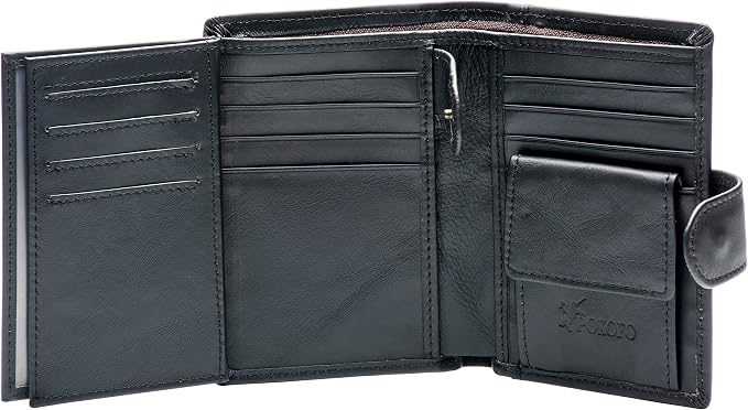 POKOFO Large RFID Genuine Leather Card Holder Trifold Wallet Snap Closure 3 ID Windows for men