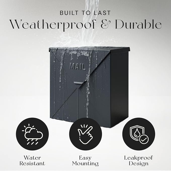 NACH Chicago Extra Large Mailbox, Rust Resistant Large Mailboxes for Outside Wall Mount, Metal Mailbox, Wall Mount Mailbox, Extra Large Capacity Mailbox, 12x12x4.8 inches, Black Mailbox, MB-6301BLK