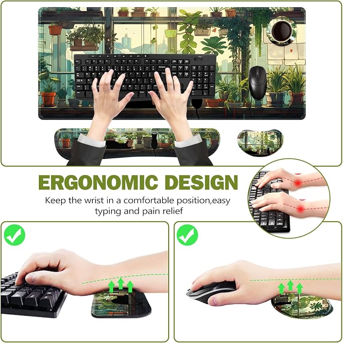 ToLuLu Extended Gaming Mouse Pad, Memory Foam Keyboard Mouse Wrist Rest Set | Large Desk Mat with Stitched Edges, Non-Slip Base Ergonomic Support Mousepad Home office, Cute Green Japanese Kawaii Cat
