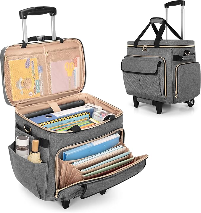 LUXJA Rolling Teacher Bag with Wheels and 15.6" Laptop Compartment, Gray | Rolling Briefcase for Women with Accordion File Area, Teacher Tote Bag for Work with Detachable Dolly and Shoulder Strap
