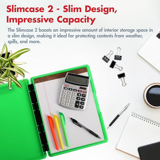Dexas Slimcase 2 Plastic Clipboard with Storage and Side Opening, Neon Green, Office Supplies Clipboards to Organize, Carry and Store, A4 Holder, Style and Functionality Nursing Clipboard
