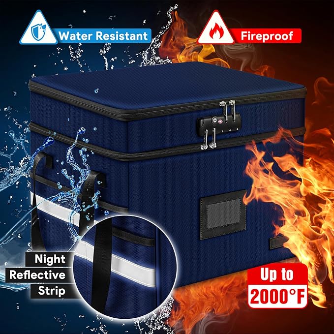 Fireproof File Oganizer with Lock, 2 Layer Fireproof Document Box Storage | Portable File Cabinet Storage Box with 5 Tab Inserts & Handle for Hanging Letter, Legal Size Folder, Certificate
